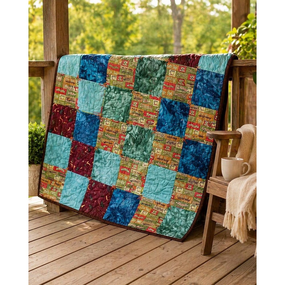 Handmade Coffee Quilt Reversible Handbag Print 40x36 Cottage Throw